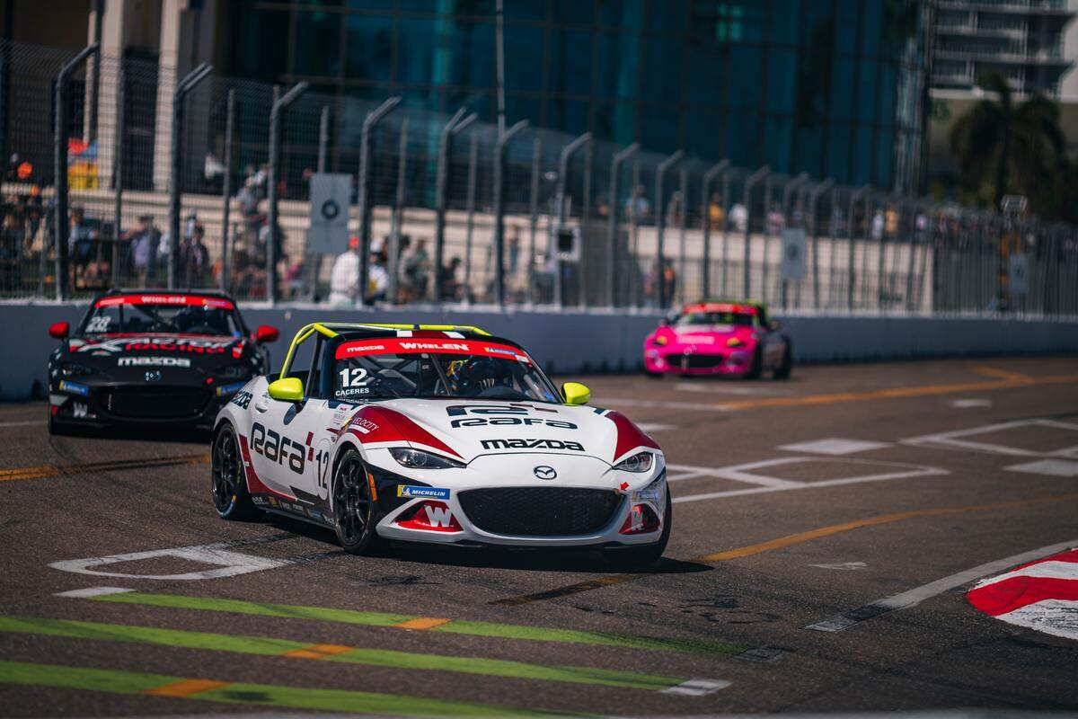 Seen here is the race car of Maite Caceres, a 22-year-old from Uruguay and Business Management student at Miami Dade College, who competes in endurance races such as the MX-5 Cup.