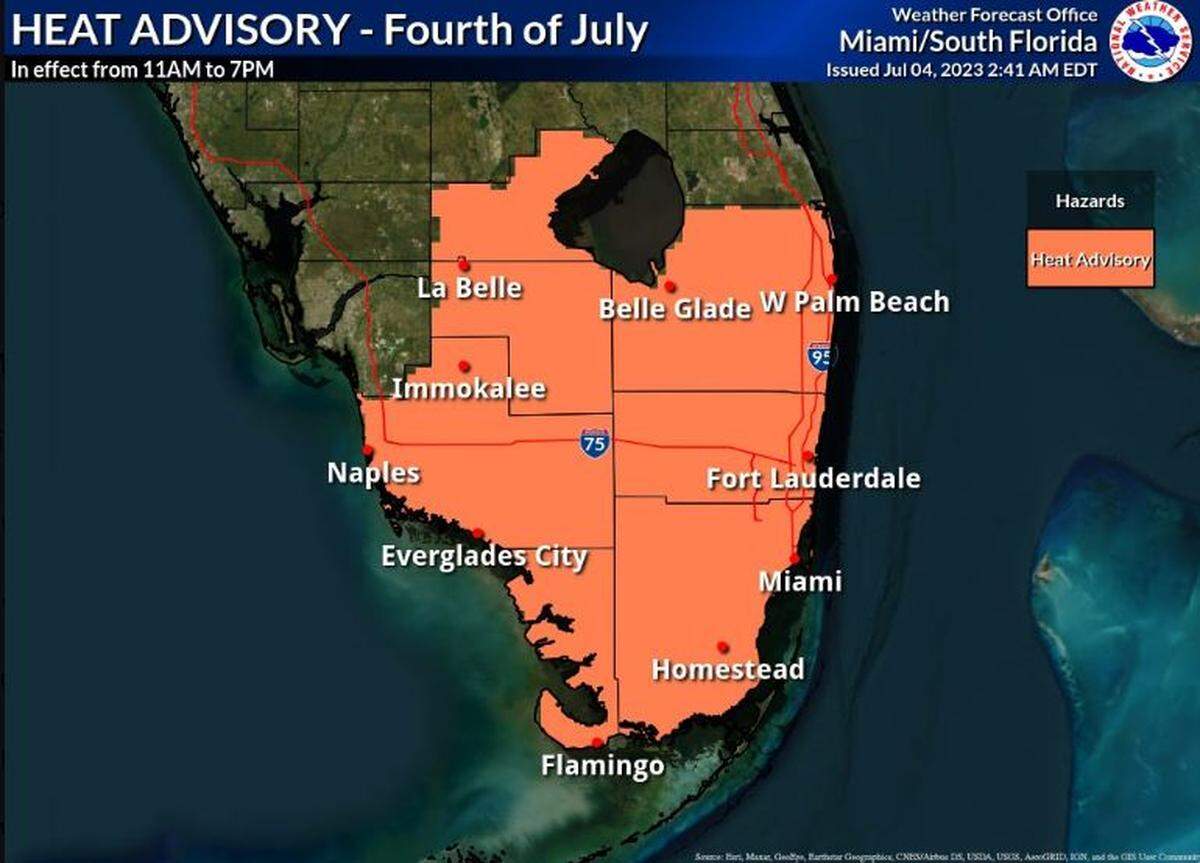 The map of the July 4 Heat Advisory from the National Weather Service.