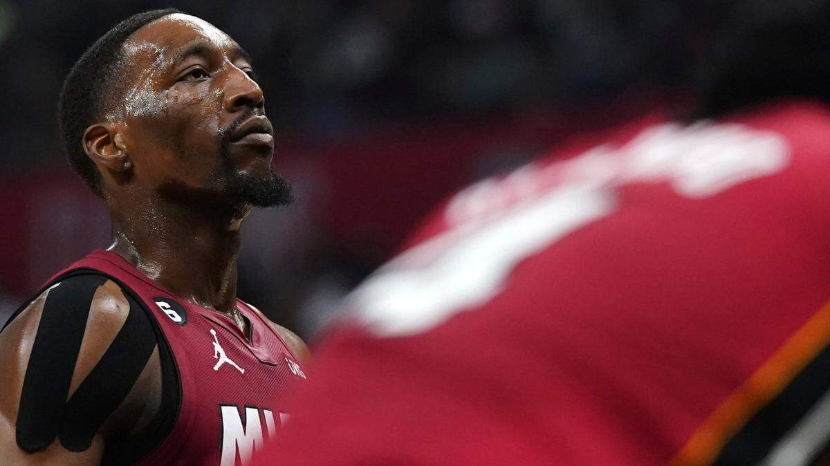 Miami Heat center Bam Adebayo (13) concentrates at the free throw line during the second half of an NBA basketball game Monday, Jan. 2, 2023, in Los Angeles.