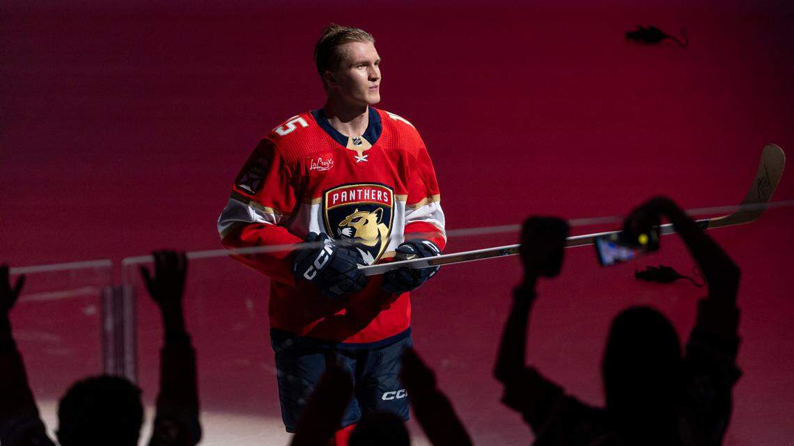 Florida Panthers center Anton Lundell (15) celebrates after being named the third star of his NHL game against the Pittsburgh Penguins at the Amerant Bank Arena on Friday, Dec. 8, 2023, in Sunrise, Fla.