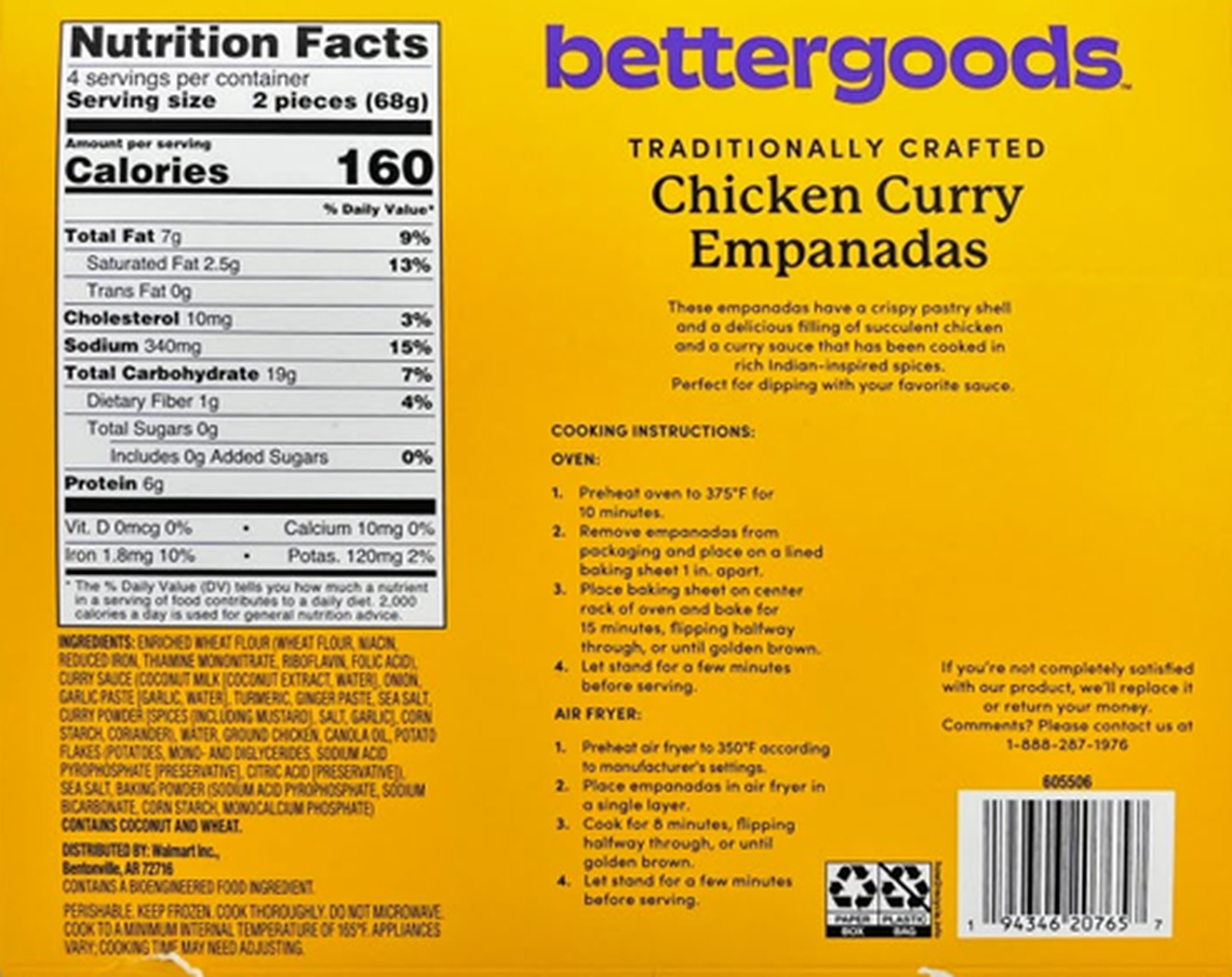 The back of the bettergoods Chicken Curry Empanadas package. The ingredients list doesn’t include milk among the allergens.