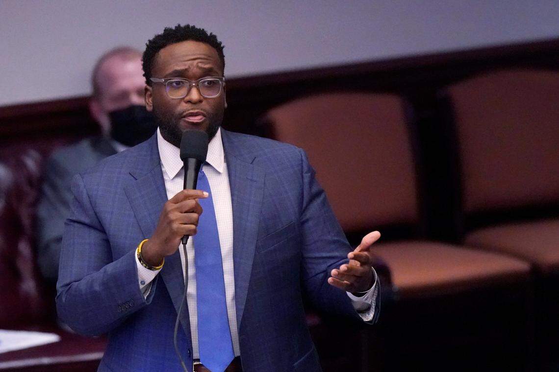 State Sen. Shevrin D. Jones, D-West Park, speaks during a legislative session, Thursday, April 29, 2021, at the Capitol in Tallahassee, Fla.