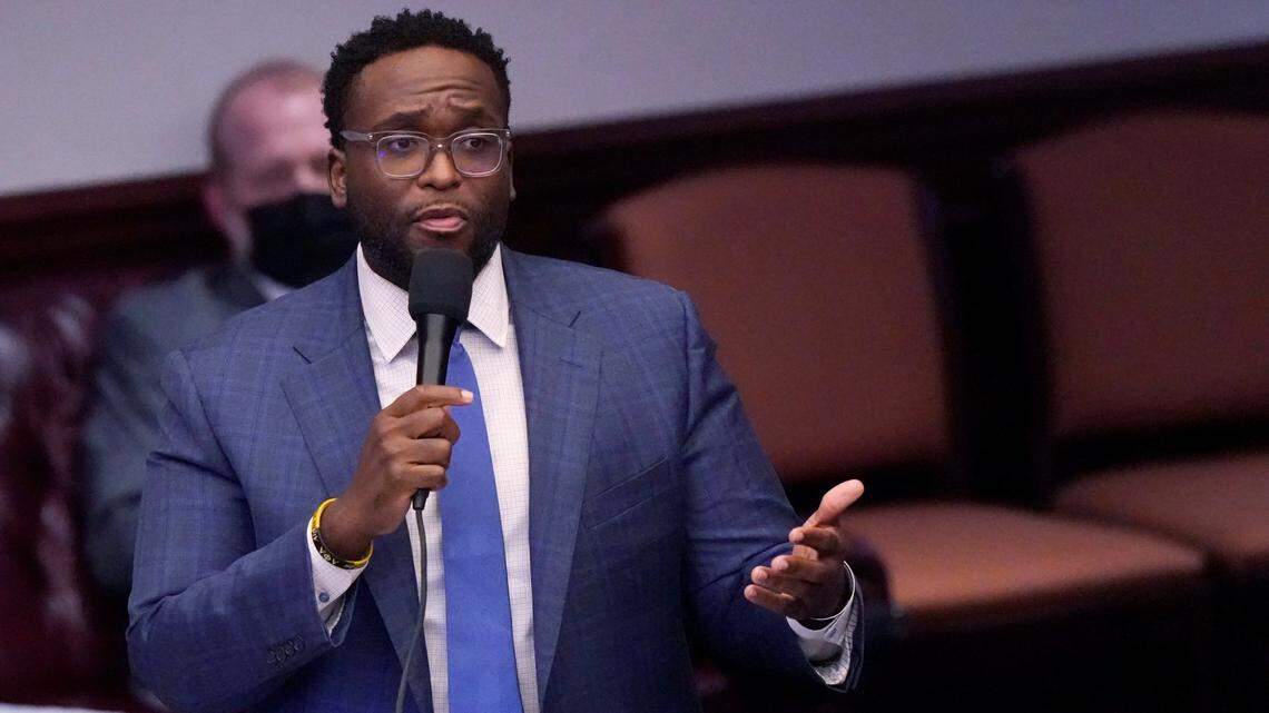 State Sen. Shevrin D. Jones, D-West Park, speaks during a legislative session, Thursday, April 29, 2021, at the Capitol in Tallahassee, Fla.