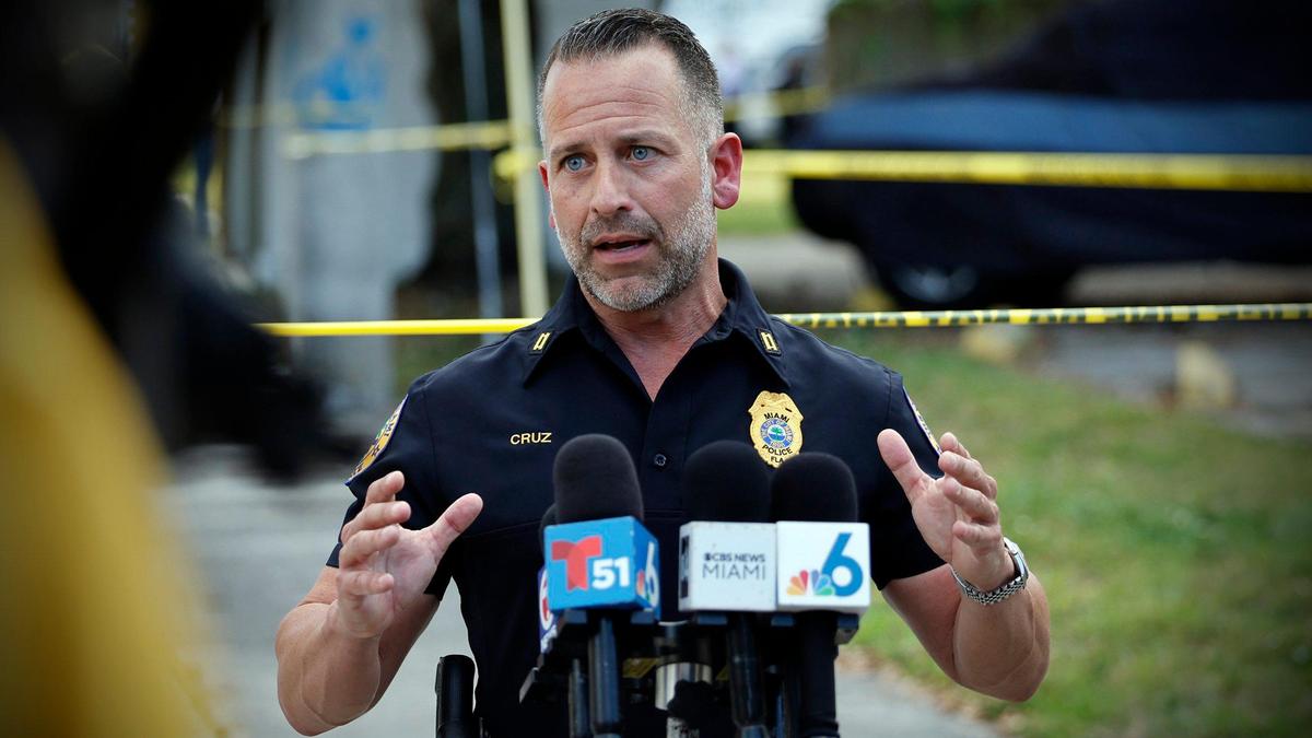 Miami police commander Freddie Cruz II speaks with reporters after at least one officer shot a man near Northwest Seventh Court and 57th Street in Miami, Florida on Thursday, March 7, 2024.