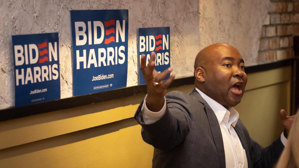 Jaime Harrison, DNC Chair, speaks during a Democratic roundtable session held on Wednesday, Nov. 8, 2023, at Sergio’s in Doral. Hispanic community members spoke with Democratic leaders about engagement with the South Florida community in the 2024 elections.