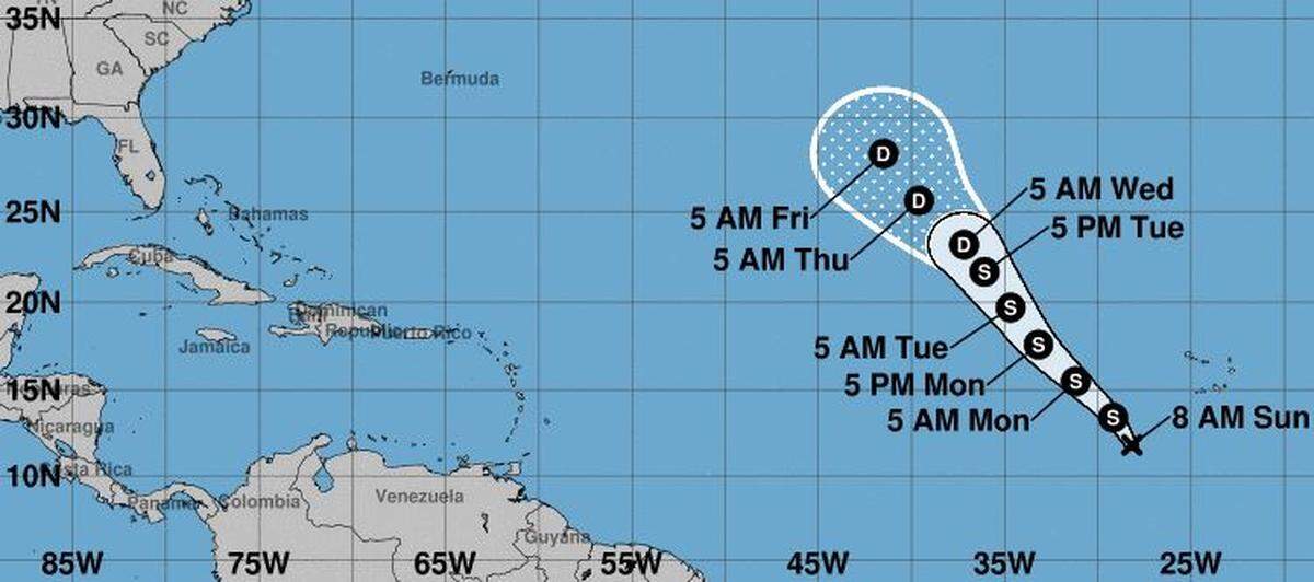 The 8 a.m. Sunday projection of Tropical Depression 17’s path.