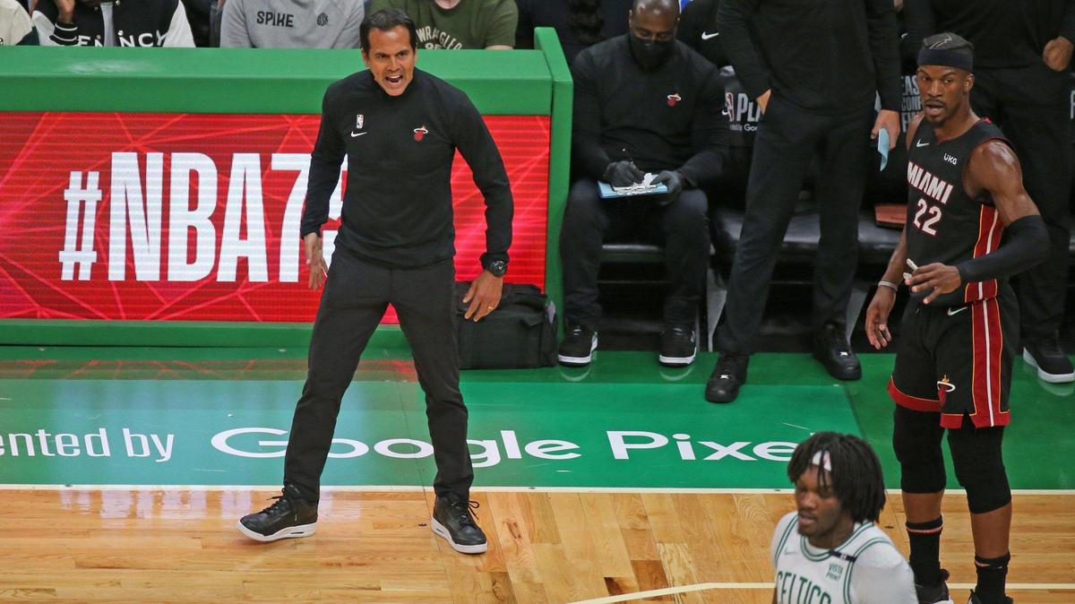 Miami Heat coach Erik Spoelstra reacts as the Heat trails the Boston Celtics in the first quarter in Game 4 of the Eastern Conference Finals at TD Garden in Boston on Monday, May 23, 2022.
