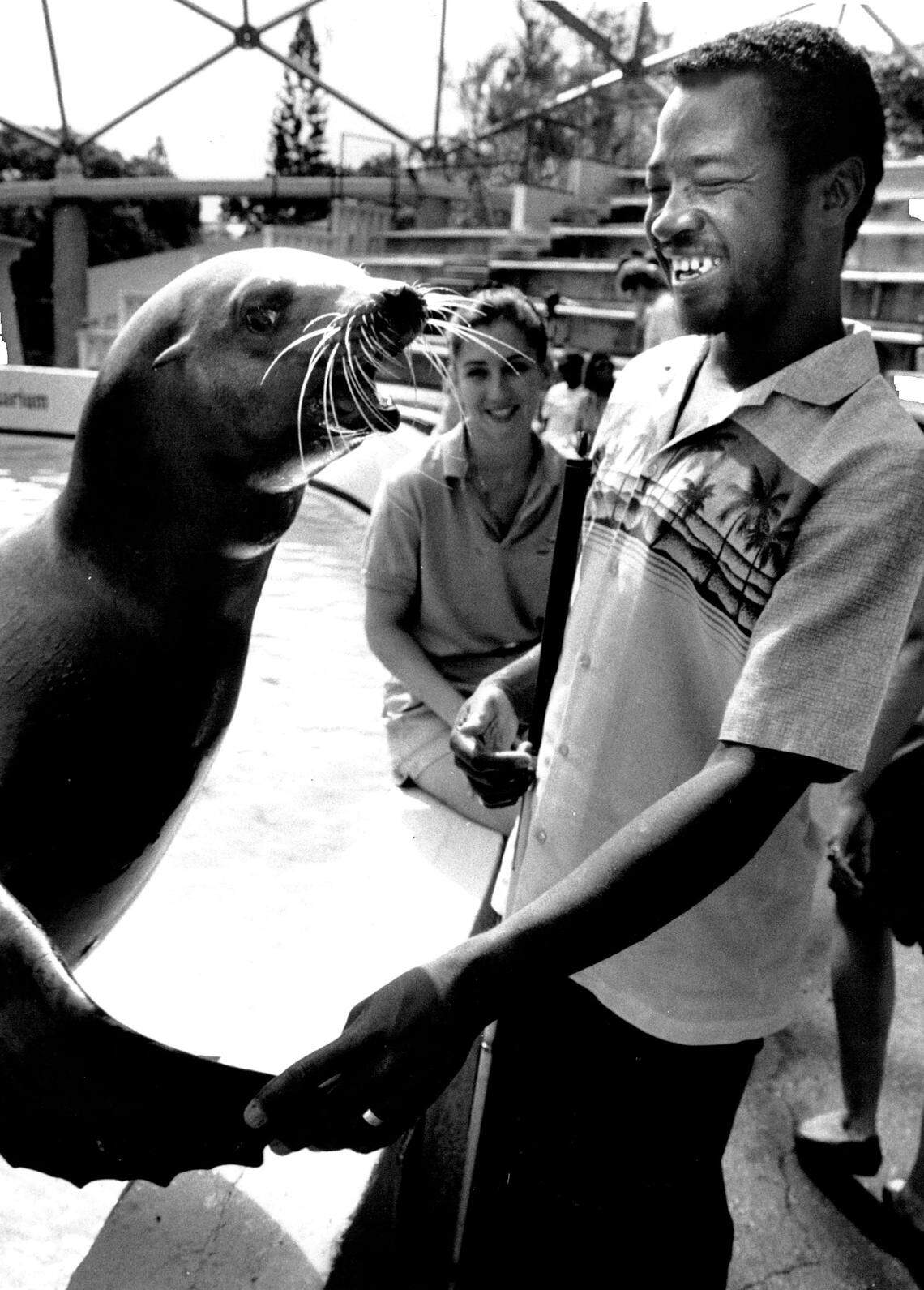 Nevile Thomas gets to meet Salty the Sea Lion up close as a group form the Miami Lighthouse for the Blind visits the Seaquarium. The group of partially-sighted and blind people were taken on a tour to touch and feel some of the creatures at the park, including manatees, sharks, crabs and sea lion.