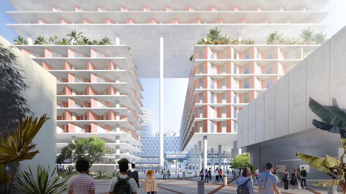 An architectural rendering of the planned Miami Produce redevelopment project shows how new residential towers would float on stilts over existing warehouse buildings.