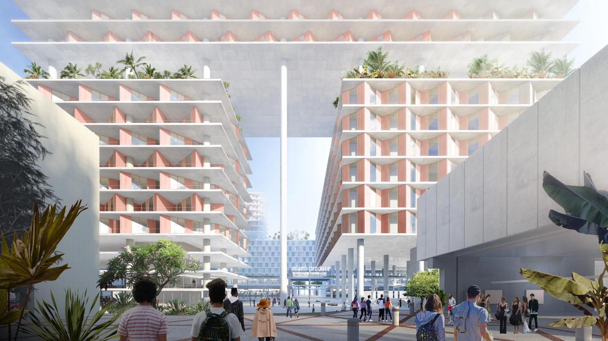 An architectural rendering of the planned Miami Produce redevelopment project shows how new residential towers would float on stilts over existing warehouse buildings.