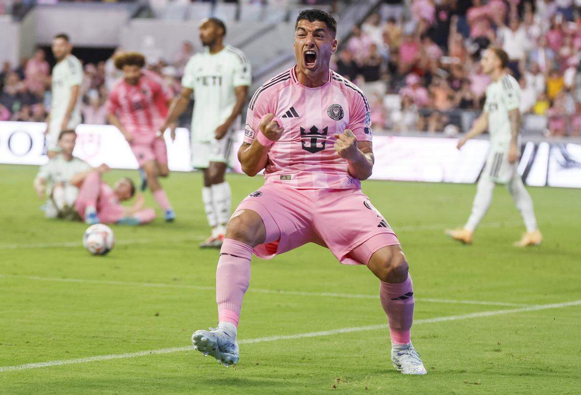 Inter Miami CF forward Luis Suárez (9) reacts after scoring against Austin FC in the second half of their MLS match at Nu Stadium in Miami Freedom Park on Saturday, April 4, 2026, in Miami, Florida.