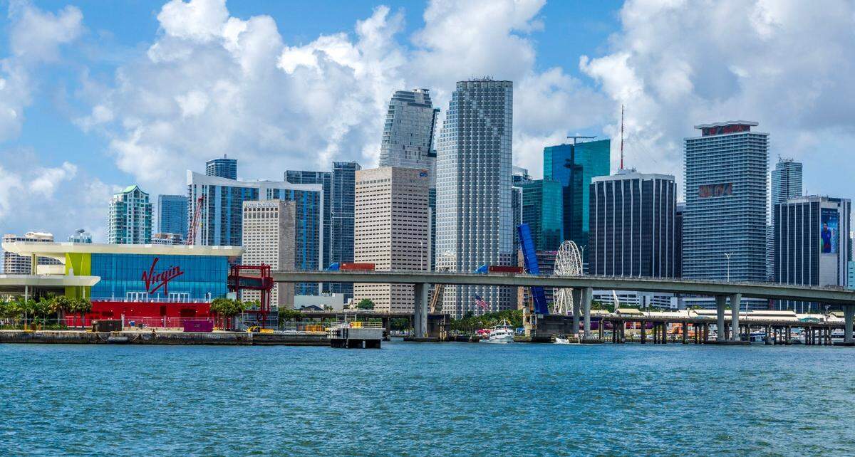 View of the downtown Miami skyline from Watson Island, on Wednesday July 31, 2024.