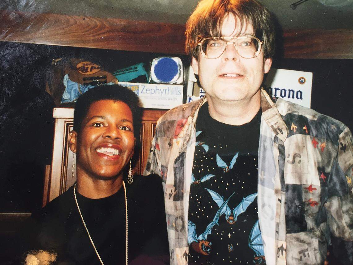 Authors Tananarive Due and Stephen King backstage at the Miami Book Fair after performing with the Rock Bottom Remainders. After meeting King at the book fair, he wrote a blurb for Due’s novel, she said.