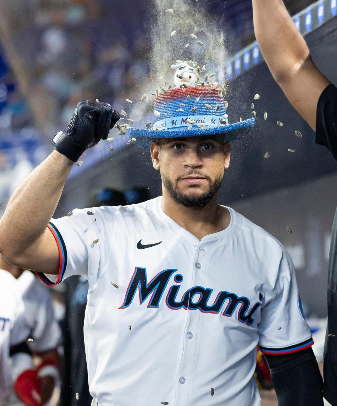 Miami Marlins designated hitter Agustin Ramirez (50) celebrates in the duggout after hitting a home run against the Minnesota Twins in the first inning of their MLB game at loanDepot park on Thursday, July 3, 2025, in Miami, Fla.