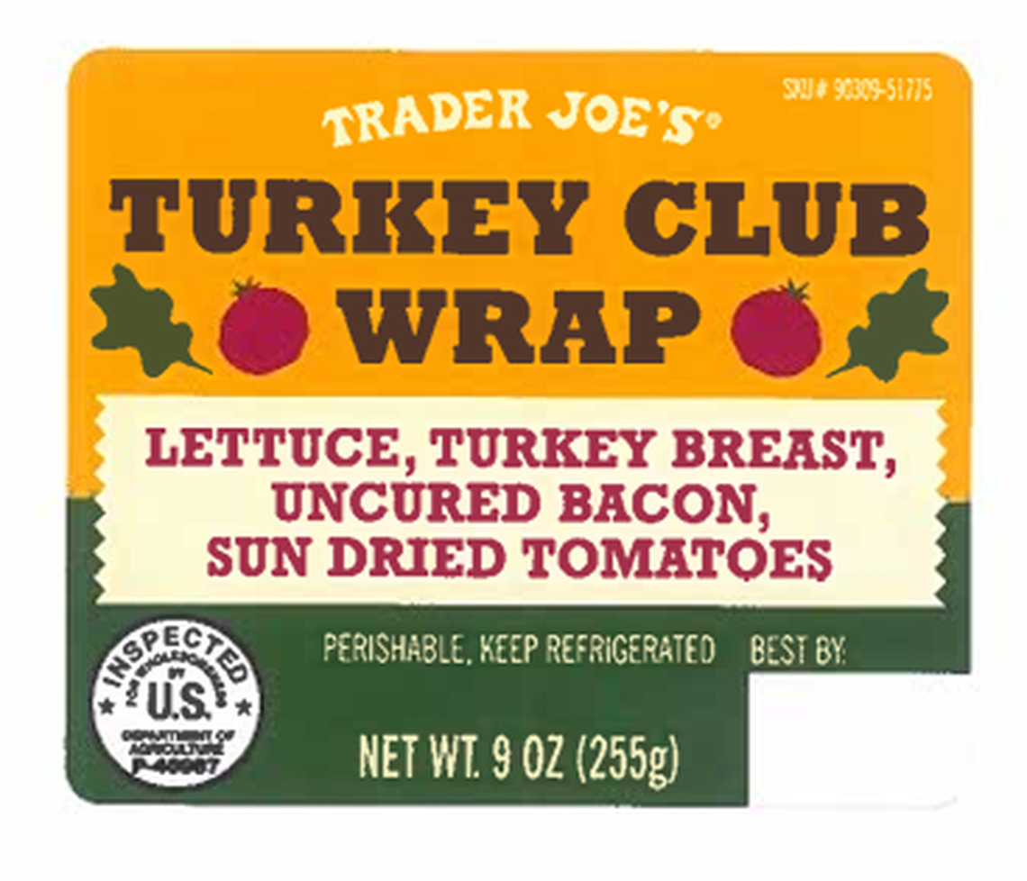 The label for Trader Joe’s Turkey Club Wrap. The wraps made at establishment No. 46987 and with a best by date of Sept. 9, 2024 through Oct. 14, 2024.