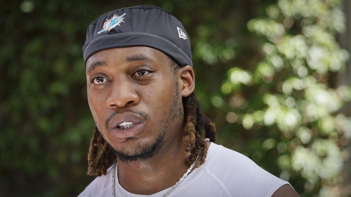 Miami Dolphins running back Jaylen Wright speaks to reporters after practice at Miami Dolphins Training Camp in Miami Gardens, Florida, on Thursday, July 24, 2025.