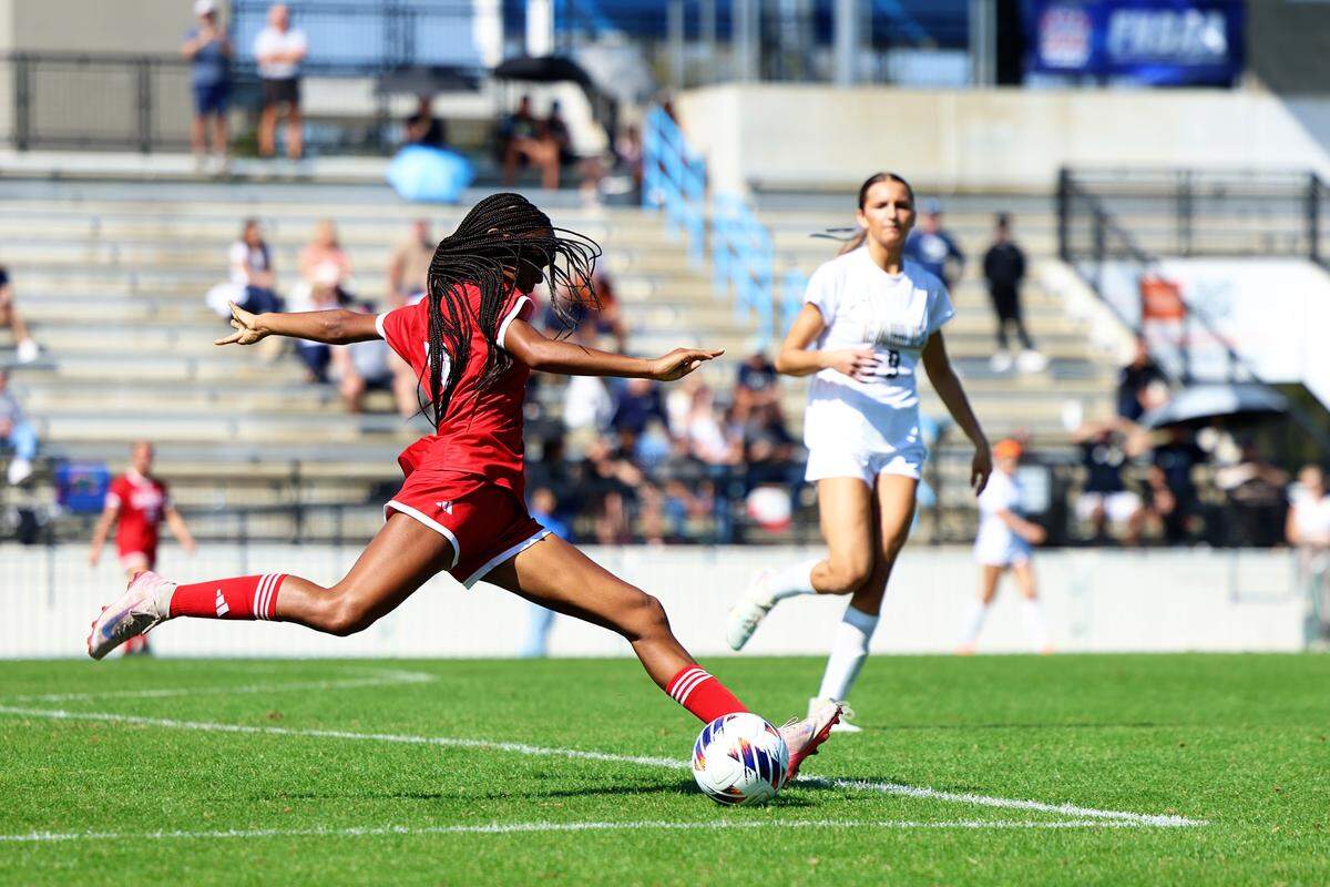 Cardinal Gibbons’ Abigail Gillette winds up to kick a ball far during a Class 3A state semifinal against North Broward Prep on Thursday at Lake Myrtle Sports Complex in Auburndale, Fla.