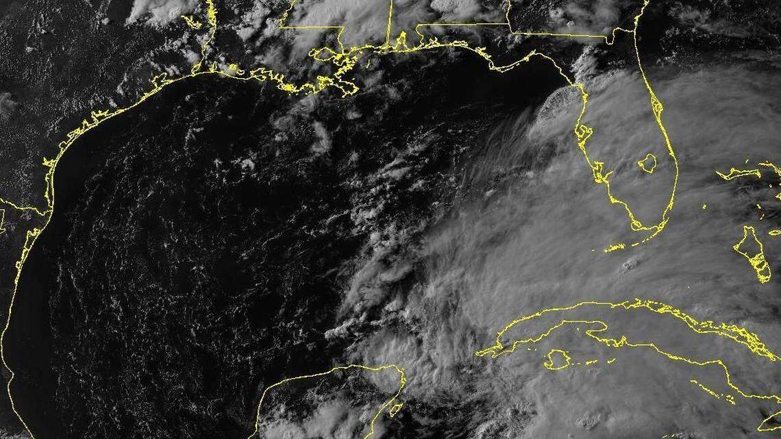 A satellite image Friday shows Alberto hovering near the Yucatan Peninsula. Source: National Hurricane Center