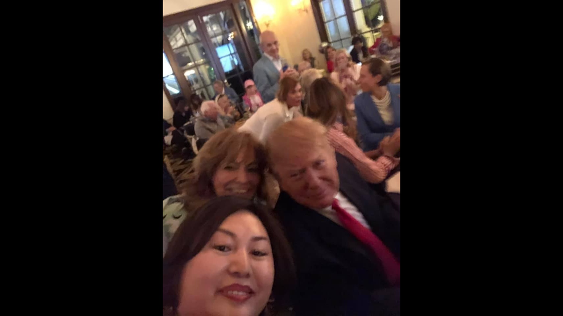 This cellphone selfie shows businesswoman Li ‘Cindy’ Yang watching the Super Bowl at President Donald Trump’s West Palm Beach golf course.
