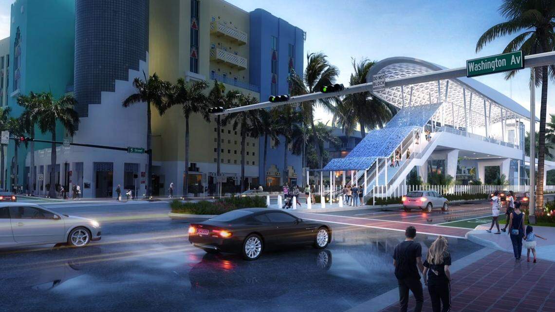 A rendering of a Metromover station on Fifth Street and Washington Avenue in South Beach.