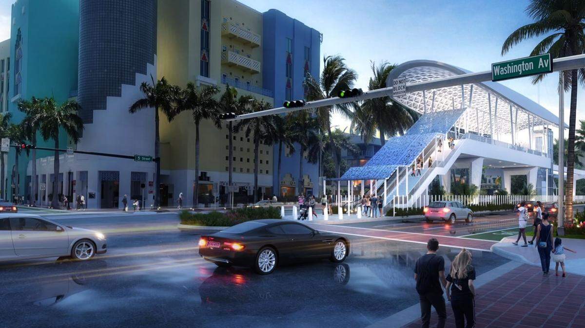 If Miami-Dade County finally builds a Baylink transit line, the final product could look like this. Pictured is a rendering of a Metromover station on Fifth Street and Washington Avenue in South Beach, one of two depots for the county is proposing to service an extension of the automated cars that currently run through Miami.