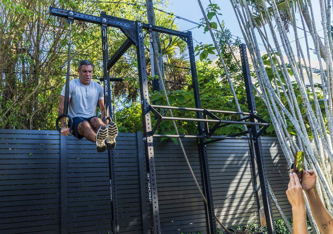 Mayor Francis Suarez works out at home in Miami on Tuesday, Sept. 29, 2025.