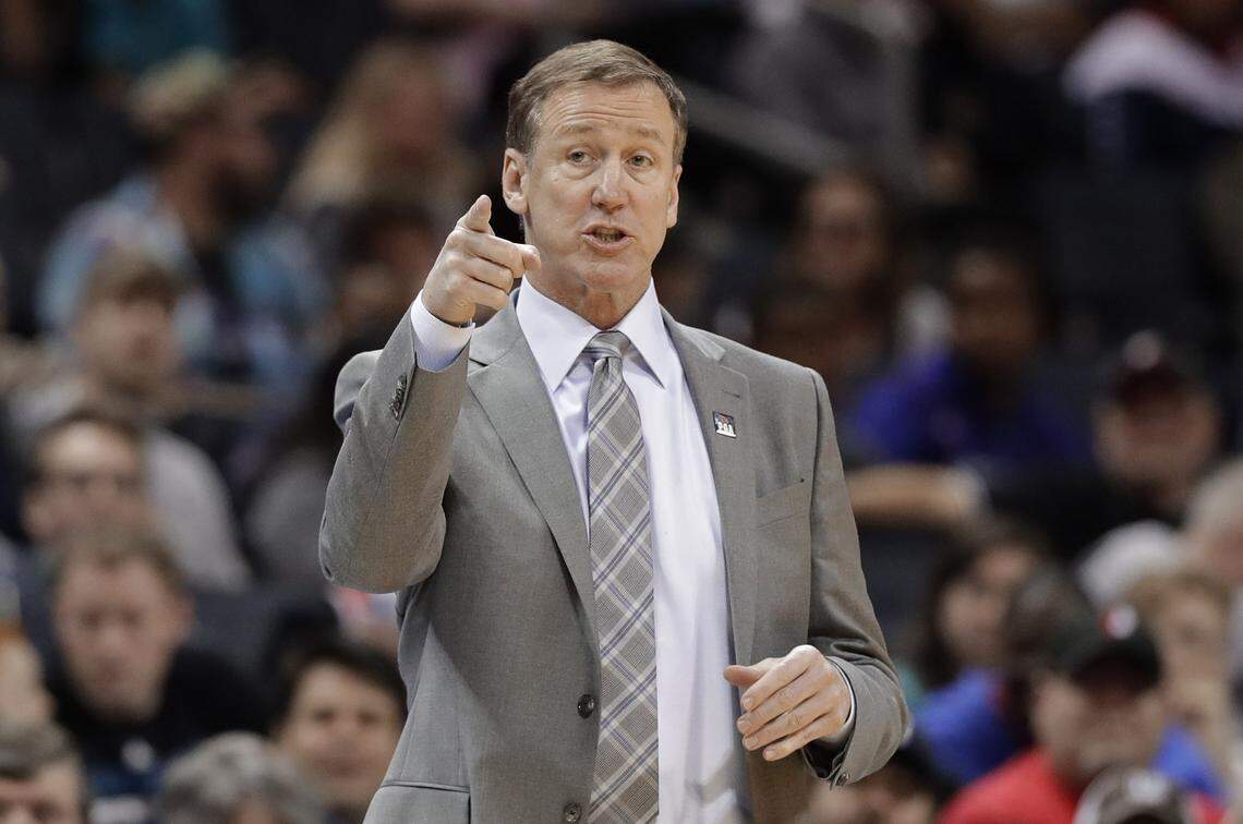 Portland Trail Blazers head coach Terry Stotts directs his team against the Charlotte Hornets during the first half of an NBA basketball game in Charlotte, N.C., Sunday, March 3, 2019.