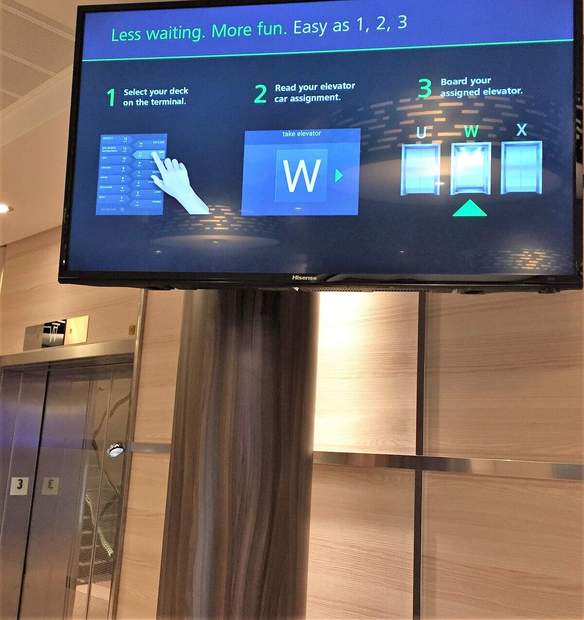 A lobby guide to understanding Carnival Horizon’s smart elevators.