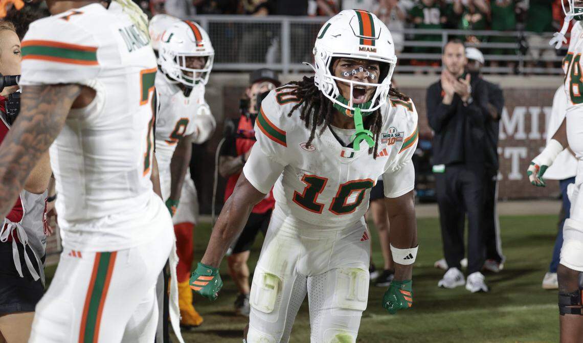 Miami Hurricanes wide receiver Malachi Toney (10) ceelbrates after scoring in the first half of the NCAA game against the Florida State Seminoles at Doak Campbell Stadium in Tallahassee, Florida, on Saturday, October 4, 2025.