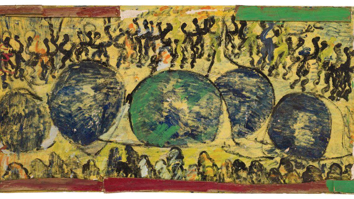 Purvis Young: Untitled; from Eyes series. Paint on wood and fiberboard; 24 x 48 inches; courtesy Rubell Family Collection.  Eyes are regular stand-ins for authority figures, often appearing with protesters. “Their arms are upraised in disgust at the injustices they’re facing, and they’re taking these grievances to the man, to big brother.” Juan Valadez, RFC director.