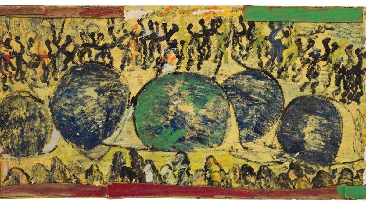 Purvis Young: Untitled; from Eyes series. Paint on wood and fiberboard; 24 x 48 inches; courtesy Rubell Family Collection.  Eyes are regular stand-ins for authority figures, often appearing with protesters. “Their arms are upraised in disgust at the injustices they’re facing, and they’re taking these grievances to the man, to big brother.” Juan Valadez, RFC director.