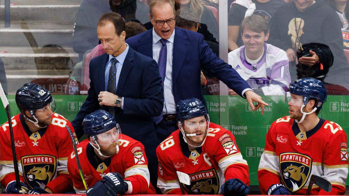 Head Coach Paul Maurice talks to coaches and the bench during the third period of Game 5 of a second-round Stanley Cup Playoff series on Tuesday, May 14, 2024, at Amerant Bank Arena in Sunrise, Fla. The Bruins won 2-1.