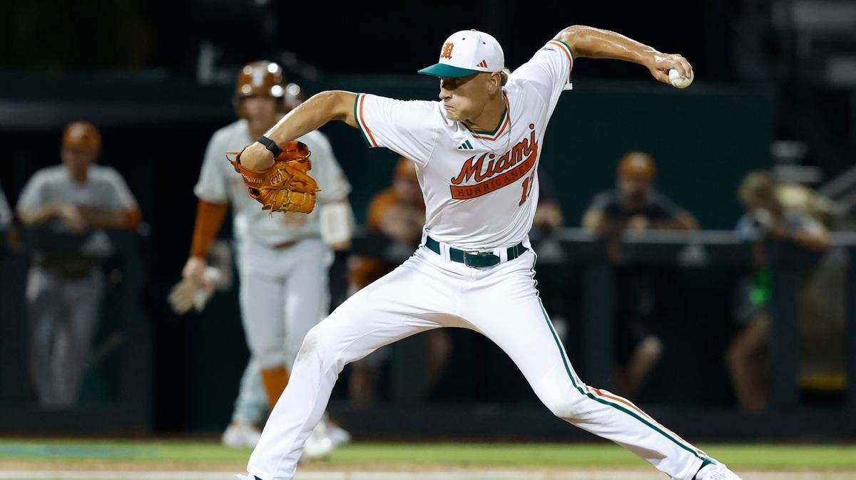 Miami Hurricanes pitcher Rafe Schlesinger (17) pitches against Texas Longhorns in the third inning in the Coral Gables Regional of the NCAA Division I Baseball Championship at Alex Rodriguez Park at Mark Light Field in Coral Gables on Saturday, June 3, 2023.