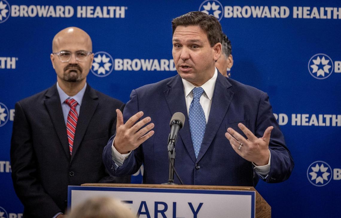 Florida Gov. Ron DeSantis speaks during a press conference in Fort Lauderdale on Jan. 3, 2022, urging the federal government to send between 30,000 and 40,000 more doses of monoclonal antibody treatments to Florida. One of those treatments, used for cancer and transplant patients, was shipped by Florida health officials to a small clinic in Broward over Jackson Memorial Hospital, which operates the largest solid organ transplant center in the Southeastern United States. 