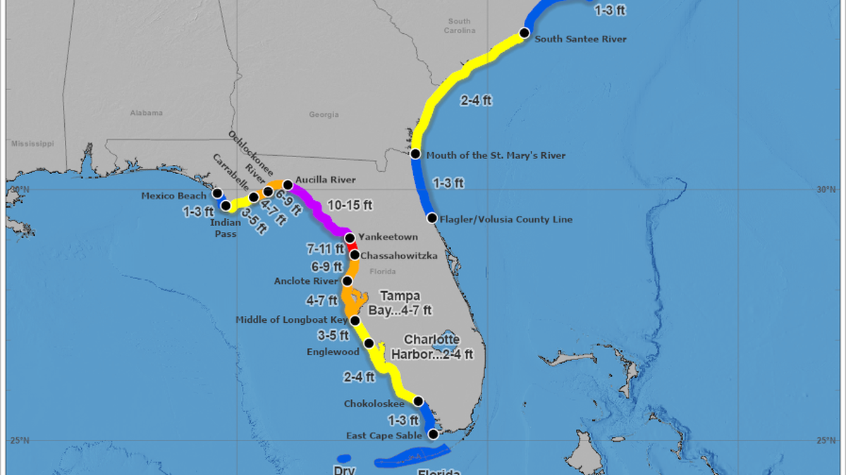The National Hurricane Center raised its peak storm surge forecast for Hurricane Idalia to 15 feet in an advisory issued on Aug. 29.