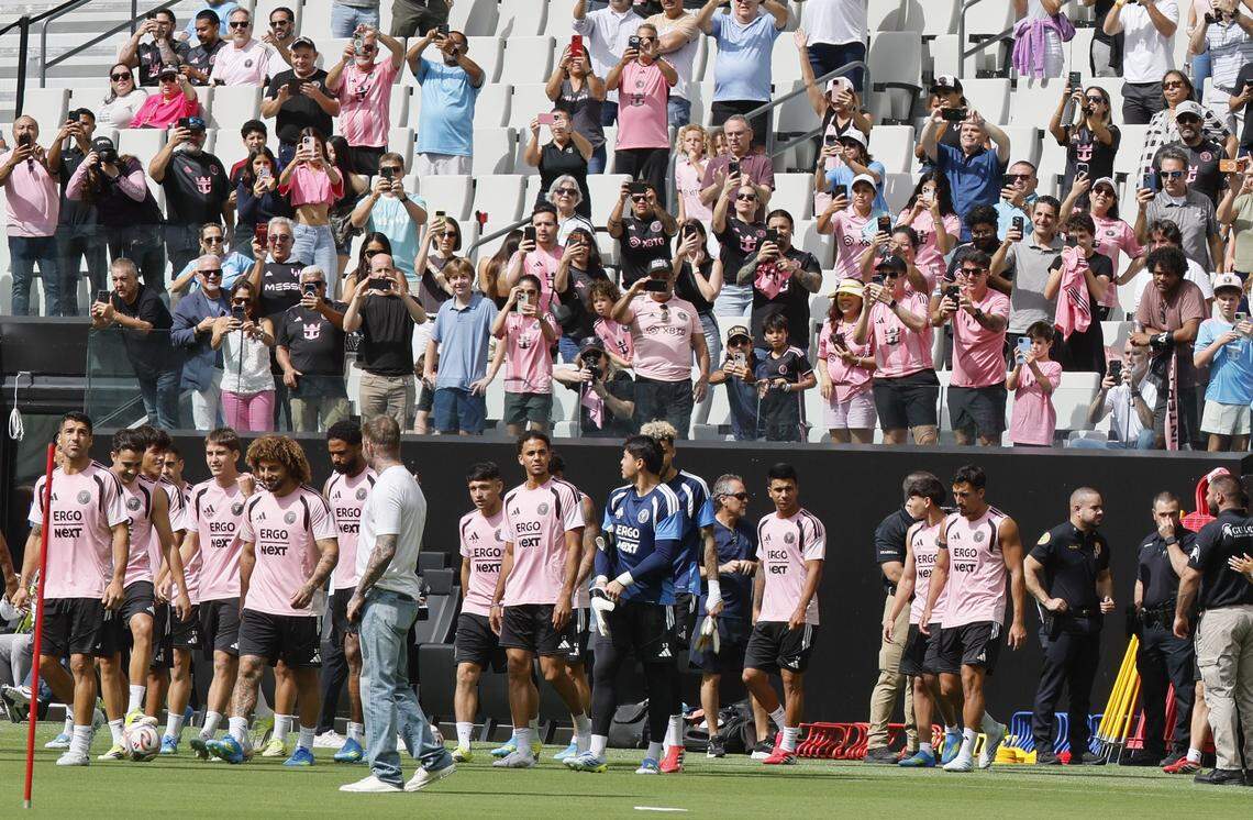 Inter Miami CF players walk onto the field at Nu Stadium at Miami Freedom Park on Thursday, April 2, 2026, in Miami. 