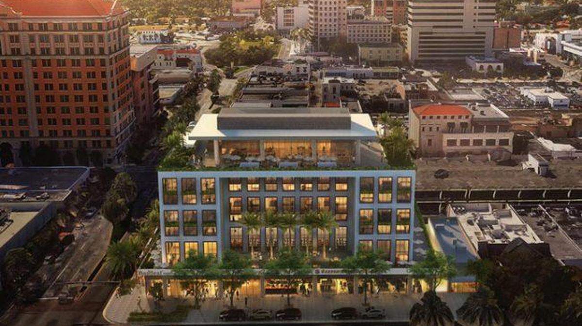 A rendering of the seven-story hotel designed by Arquitectonica, which Terranova wants to build at 220 Miracle Mile, near the Miracle Theatre and the Colonnade Hotel. The Coral Gables Planning and Zoning Board recommended the city approve the project, which would include 120 rooms, a rooftop restaurant and retail. A study by the developer says there is ample parking nearby and the project would not need a parking garage. The City Commission would have to approve the project.