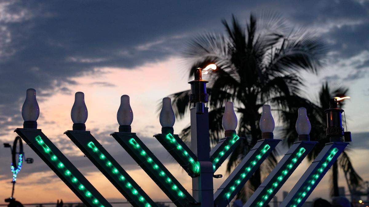 The menorah after being lit during a lighting for Hanukkah in South Beach on Sunday, Dec. 18, 2022, in South Pointe Park. 