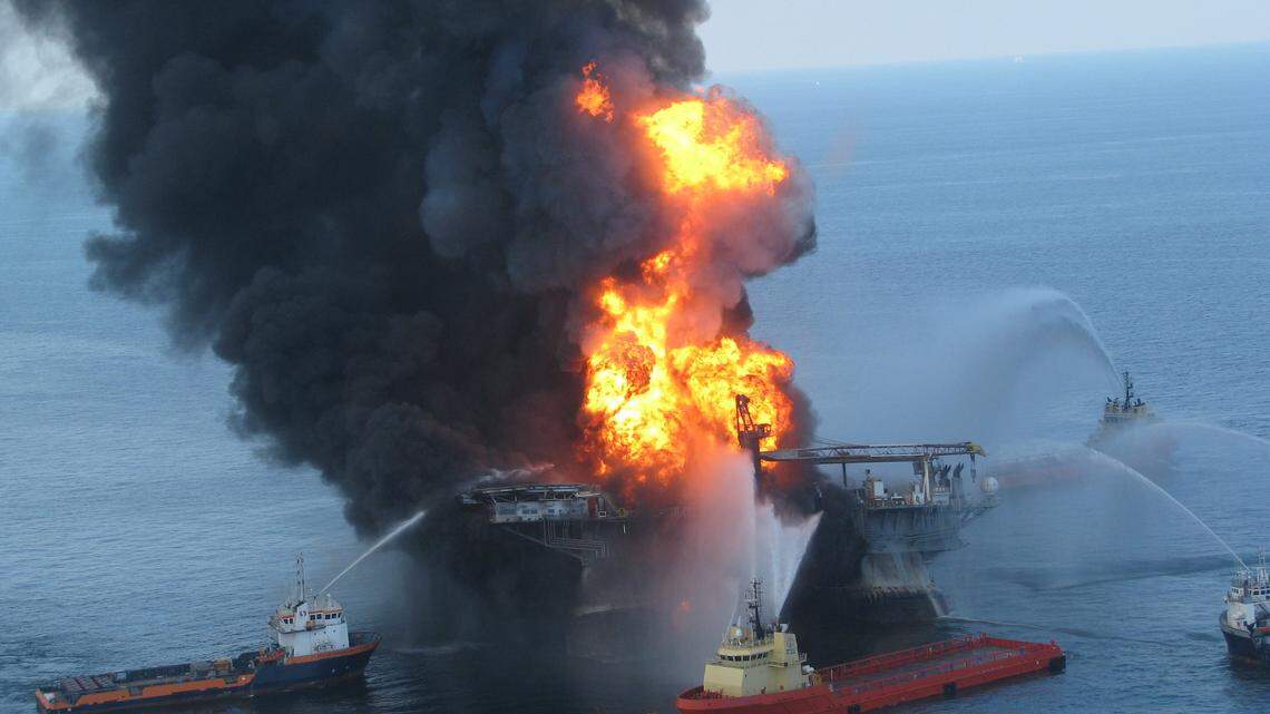 Rescue boats attempt to put out the blaze from the Deepwater Horizon oil rig after it exploded in the Gulf of Mexico on April 20, 2010.