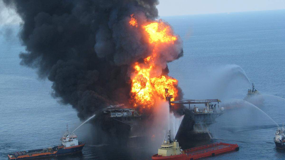 Rescue boats attempt to put out the blaze from the Deepwater Horizon oil rig after it exploded in the Gulf of Mexico on April 20, 2010.