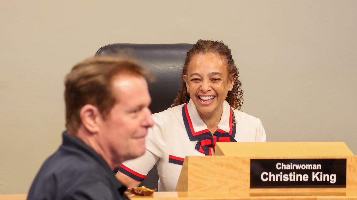 Nathan Kurland walks away after giving Christine King a bag of M&Ms during his remarks at the City of Miami Commission meeting on Thursday, Oct. 24, 2024, at City Hall in Miami. Unfortunately, Commission King does not eat M&Ms but thanked him for the offer. Public comments were heard on the controversial pension plan first co-sponsored by Commissioners Miguel Angel Gabela and Christine King and later vetoed by Mayor Francis Suarez.