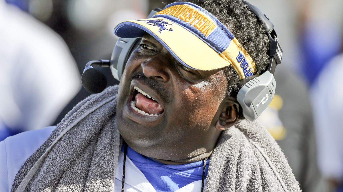 The Bulls head coach Max Edwards hollers as Miami Northwestern Bulls play Jones Fightin Tigers for the Class 5A FHSAA State Championship at Daytona Stadium in Daytona Beach on Saturday, December 14, 2019.