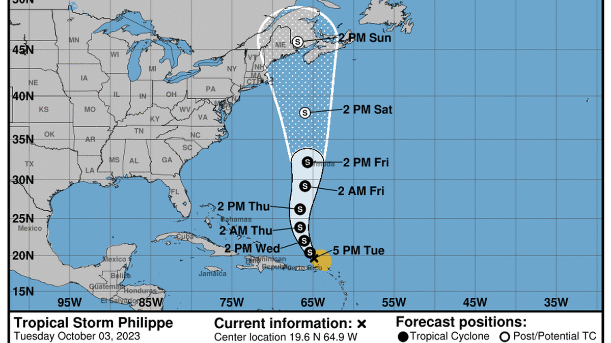 The National Hurricane Center was monitoring Tropical Storm Philippe near the Caribbean Sea on Tuesday, Oct. 3, 2023.