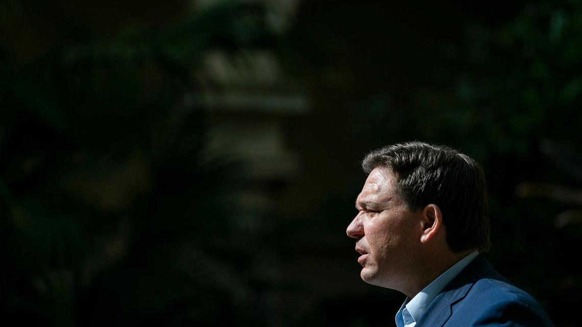 Florida Governor Ron DeSantis speaks during a press conference at Vizcaya Museum & Gardens in Miami, Florida on Tuesday, February 1, 2022.