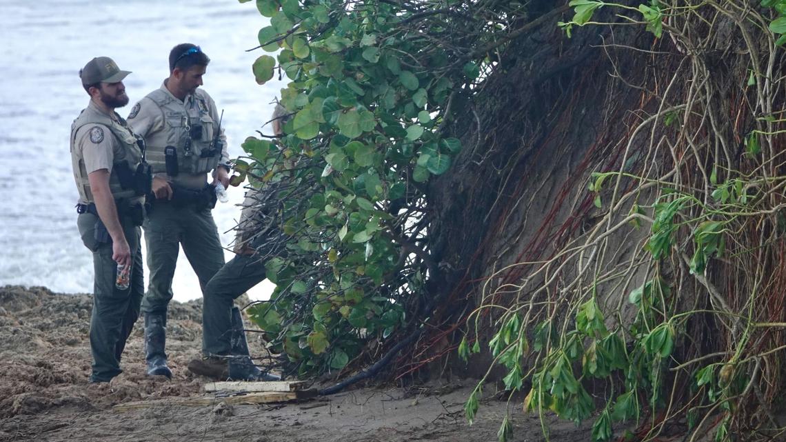 Florida Fish and Wildlife Conservation Commission employees guard the area where ancient human remains were uncovered on Thursday by the surf of Hurricane Nicole on a beach in Martin County. (Joe Cavaretta/South Florida Sun Sentinel)