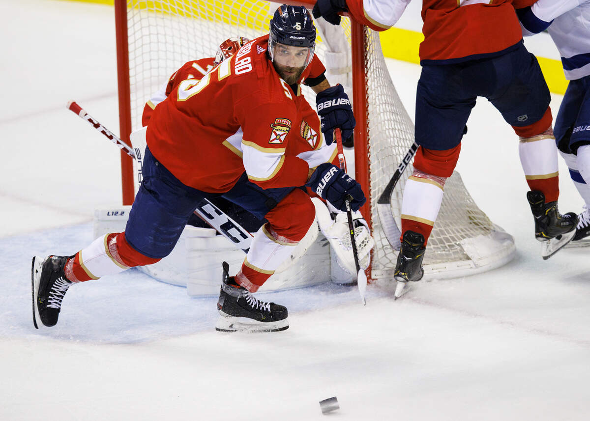 Florida Panthers defenseman Aaron Ekblad (5) defends the goal during the third period of Game 1 of a second round NHL Stanley Cup series against the Tampa Bay Lightning at FLA Live Arena on Tuesday, May 17, 2022 in Sunrise, Fl.