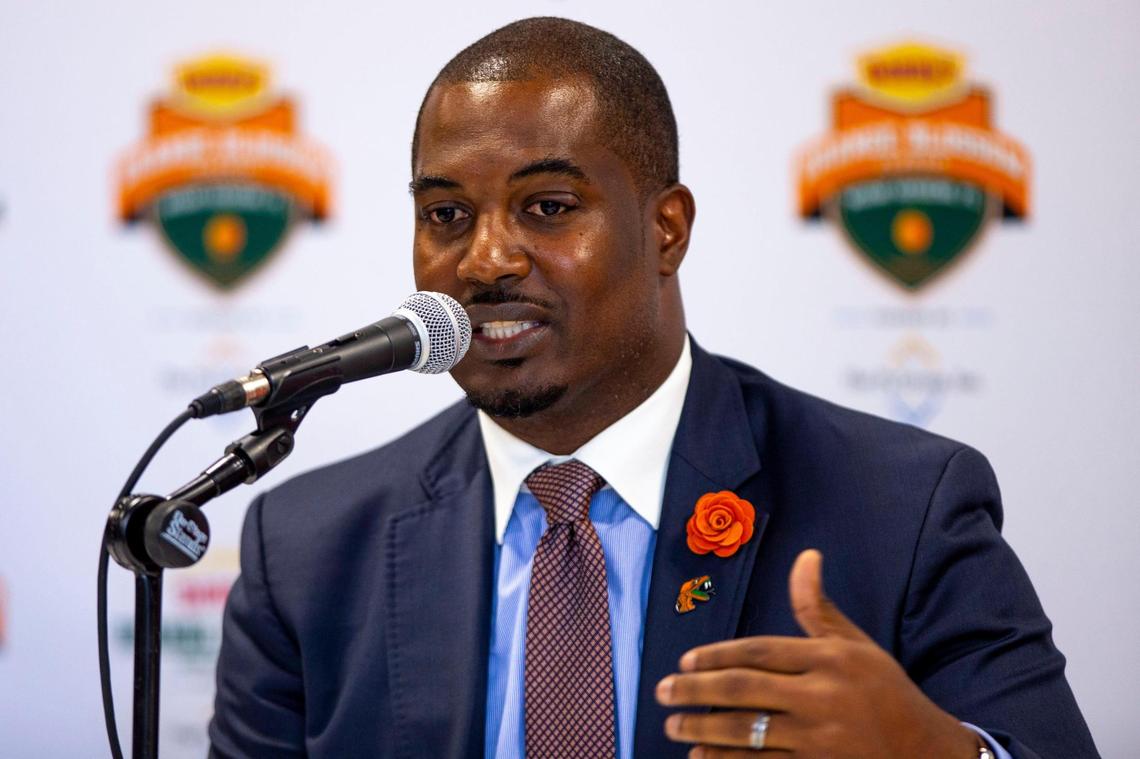 Florida A&M University Head Coach Willie Simmons speaks to the media during the Orange Blossom Classic preview press conference at Hard Rock Stadium in Miami Gardens, Florida, on Sept. 3, 2021.