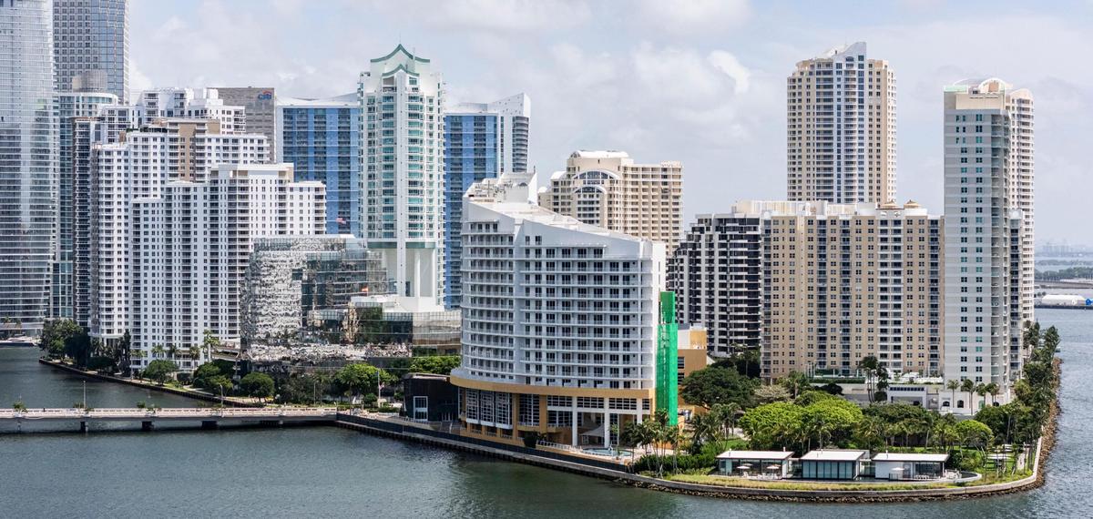 Aerial view of Brickell Key on Friday, July 18, 2025, in Miami.