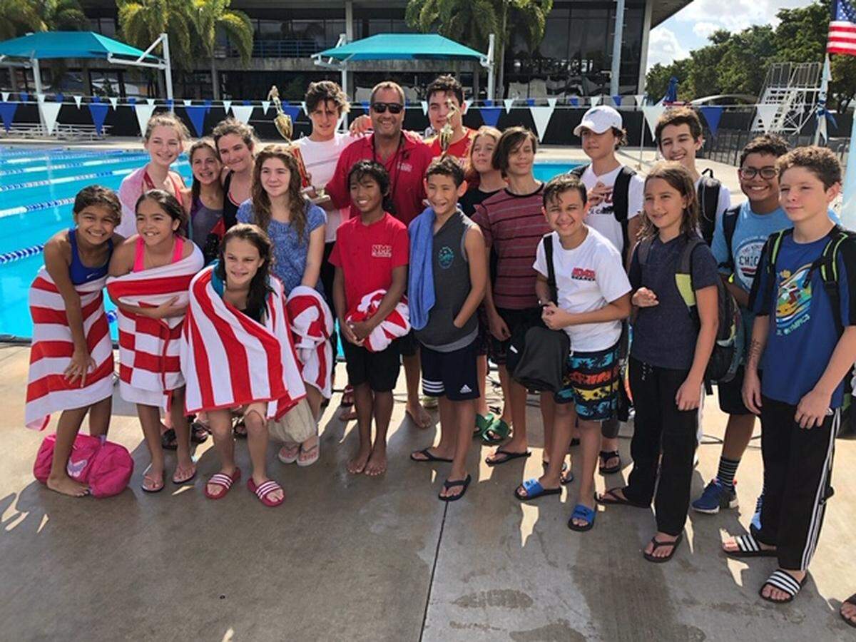The Sharks Boys Swim Team at Nautilus Middle School were named County Champions in a recent swim competition at Miami Dade College. The Sharks Girls Swim Team also competed and were named runners-up. From left are: Helena Soriano, Lisa Del-Solar, Leah Santos, Olivia Moore, Stella Mclaney, Sasha Rosenthahl, Gabriela Sudah, Tru Kelly, Juan Fabal, Luis Cardenas, Francisco Latona, Taylor Maggard, Michael Baltodano, Finn Winkler, Coach Eric Marshall, Lautaro Gomez, Anthony Pippis, Alexander Raymond, Zakaria Djahed and Tomas Fermin.