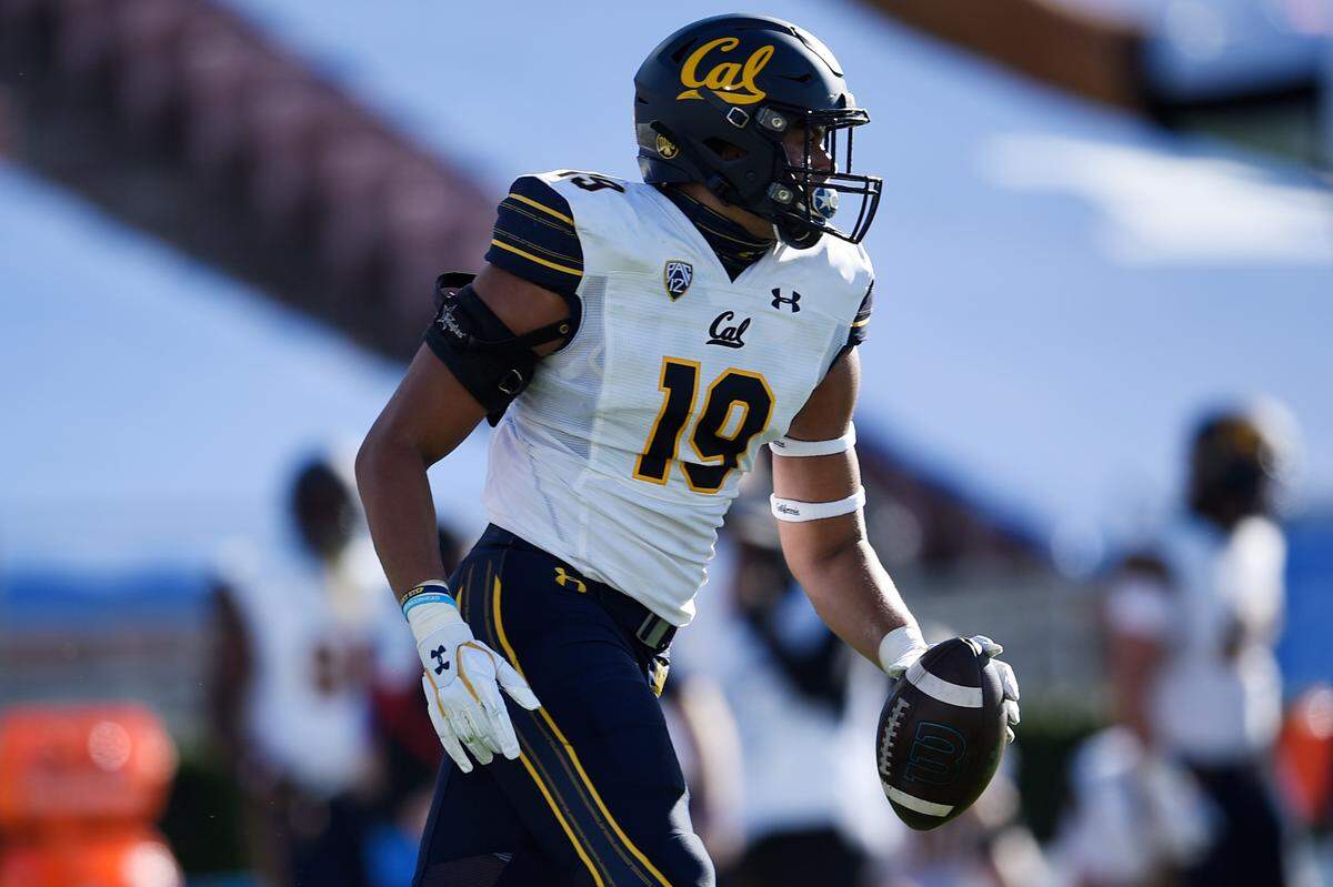 California linebacker Cameron Goode celebrates after recovering a ball off a blocked punt during the first half of an NCAA college football game against UCLA in Los Angeles, Sunday, Nov. 15, 2020. (AP Photo/Kelvin Kuo)